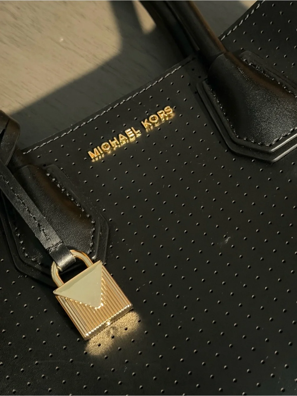 MICHAEL Michael Kors Black Perforated Leather Satchel with Gold Hardware